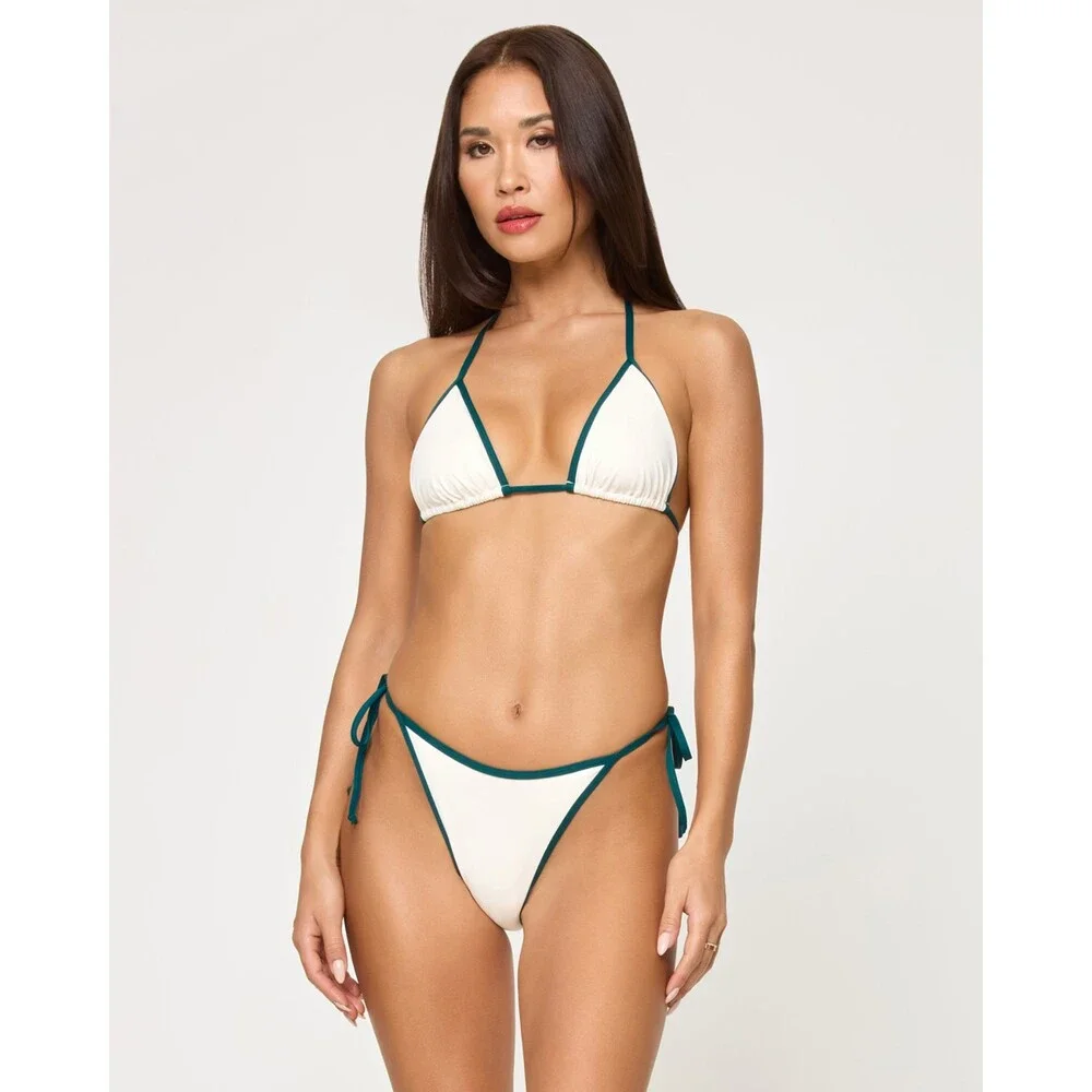 L*Space Levy Bikini Bottom Women's M Cream-Deep Teal Tie-Side Swimwear GBO2575